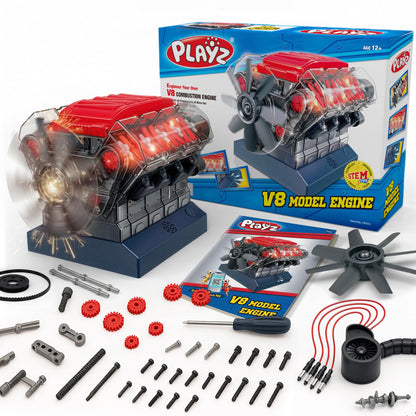 Playz V8 Combustion Engine Model Kit that Runs - Build Your Own STEM Mini V8 Model Engine Kit for Adults & Kids Age 12+, Visible V8 Mini Engine Kit