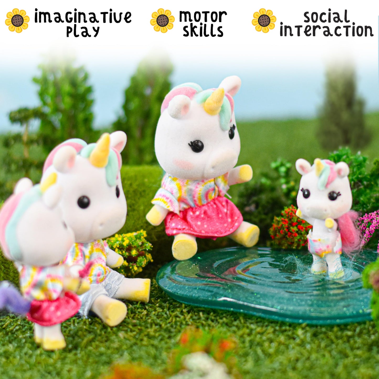 Sunny Days Entertainment Honey Bee Acres Rainbow Ridge Daydreamers Unicorn Family - 4 Miniature Flocked Dolls | Small Fantasy Collectible Figures |