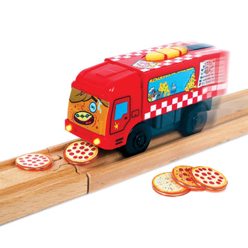 Pete-Za Motorized Train for Wooden Track - Pizza Themed Battery Operated Locomotive - Includes Magnetic Pizza Pieces - Electric Powered Engine
