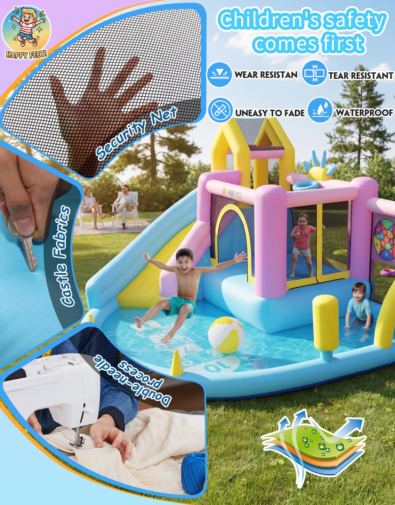 AKEYDIY Inflatable Bounce House,Kids Bouncy Castle Water Parkfor 2~10, Indoor/Outdoor Bouncy House with Blower Included,Pastel Bouncer Jump House