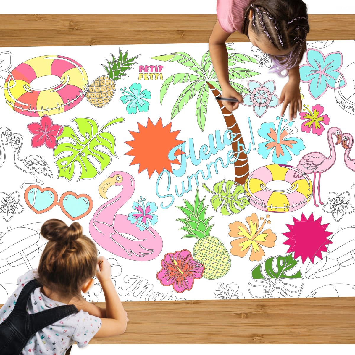 xo, Fetti Pool Party Paper Coloring Tablecloth - 9' x 4.5' | Summer Tablescape, Palm Tree Dinner Party Setting, Kids Birthday Decoration, Cute