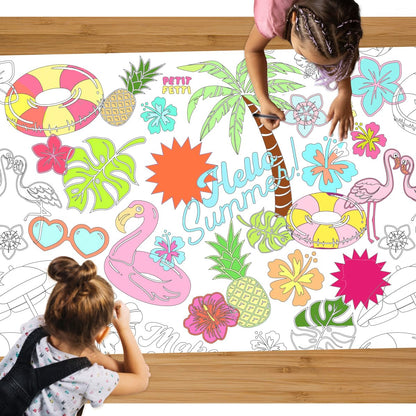 xo, Fetti Pool Party Paper Coloring Tablecloth - 9' x 4.5' | Summer Tablescape, Palm Tree Dinner Party Setting, Kids Birthday Decoration, Cute