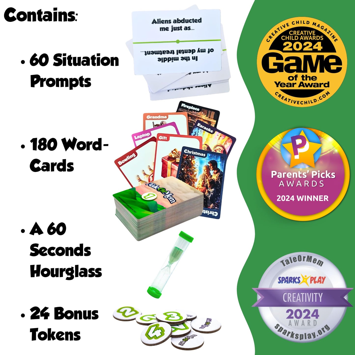 TaleOrMem - Award-Winning Improv Game for Adults & Kids. A creative mix of tall tales story telling game and recall skills. Contains 180 Story Telling