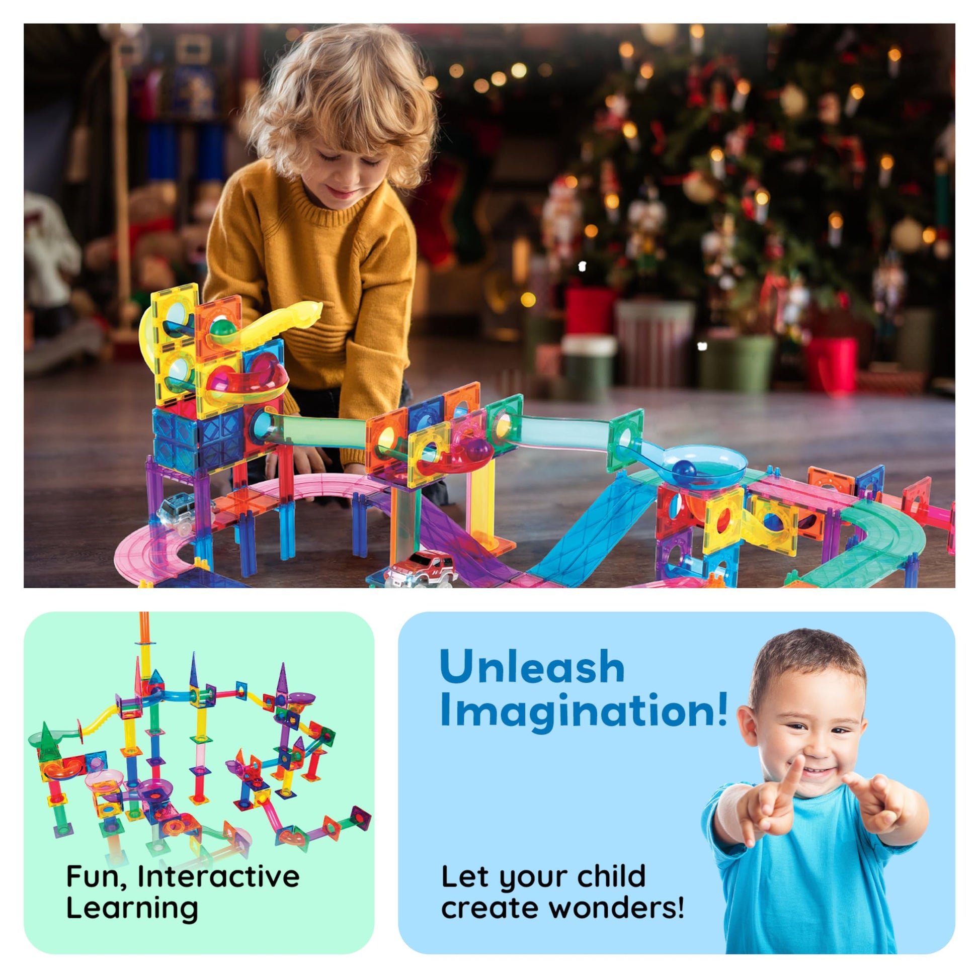 PicassoTiles 108 Pcs Marble Run with Race Track Set with Magnetic Tiles Cars and Marbles STEM Learning Toy 3-in-1 Building Construction Kit for Indoor
