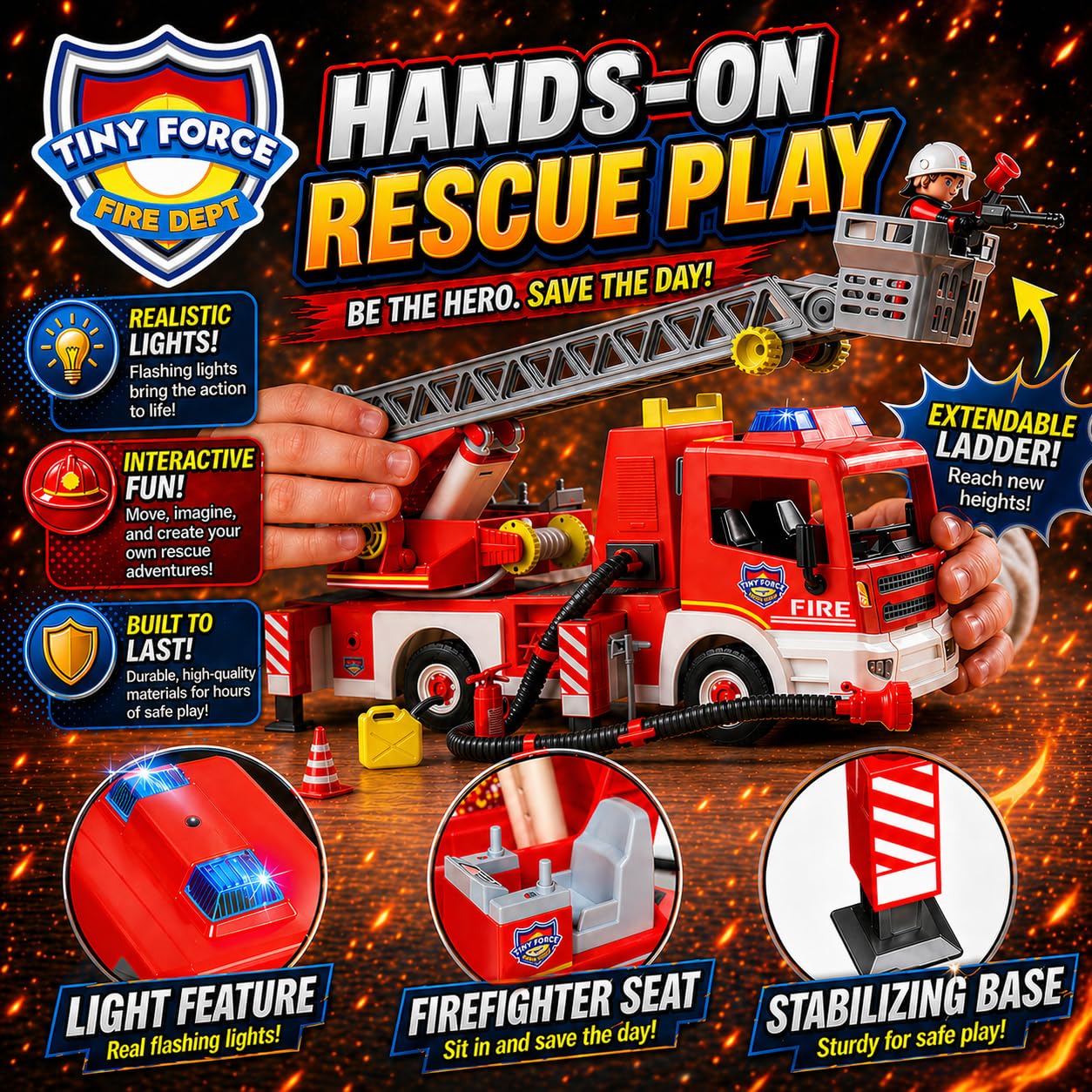Tiny Force Fire Rescue Set - Fire Truck with Ladder, Toy Helicopter, Motorcycle & Fire Water Pump, Emergency Pretend Play Toys for Kids & Toddlers
