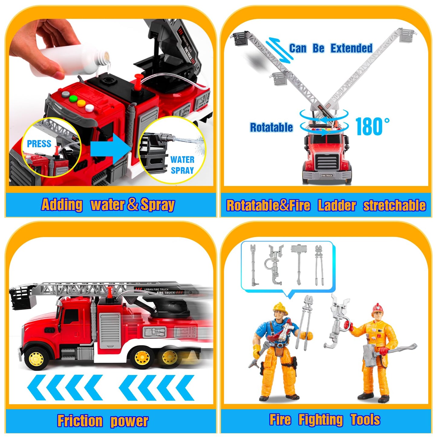 i DIY Fire Truck Toy with Sound & Light - 2pcs Firefighter & Water Sprinkler with Water Tank - Friction Powered Toy for Toddlers 3-5
