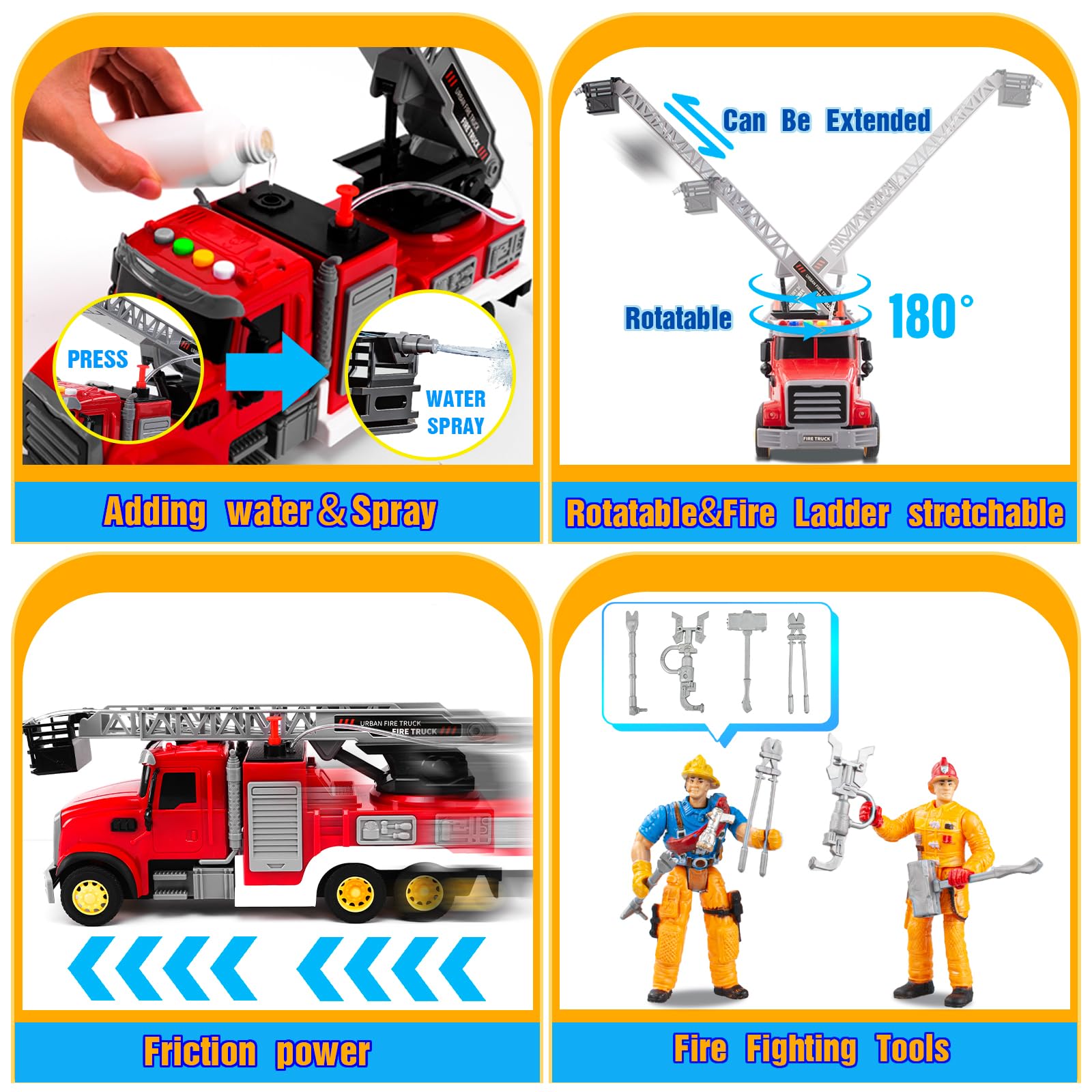 i DIY Fire Truck Toy with Sound & Light - 2pcs Firefighter & Water Sprinkler with Water Tank - Friction Powered Toy for Toddlers 3-5