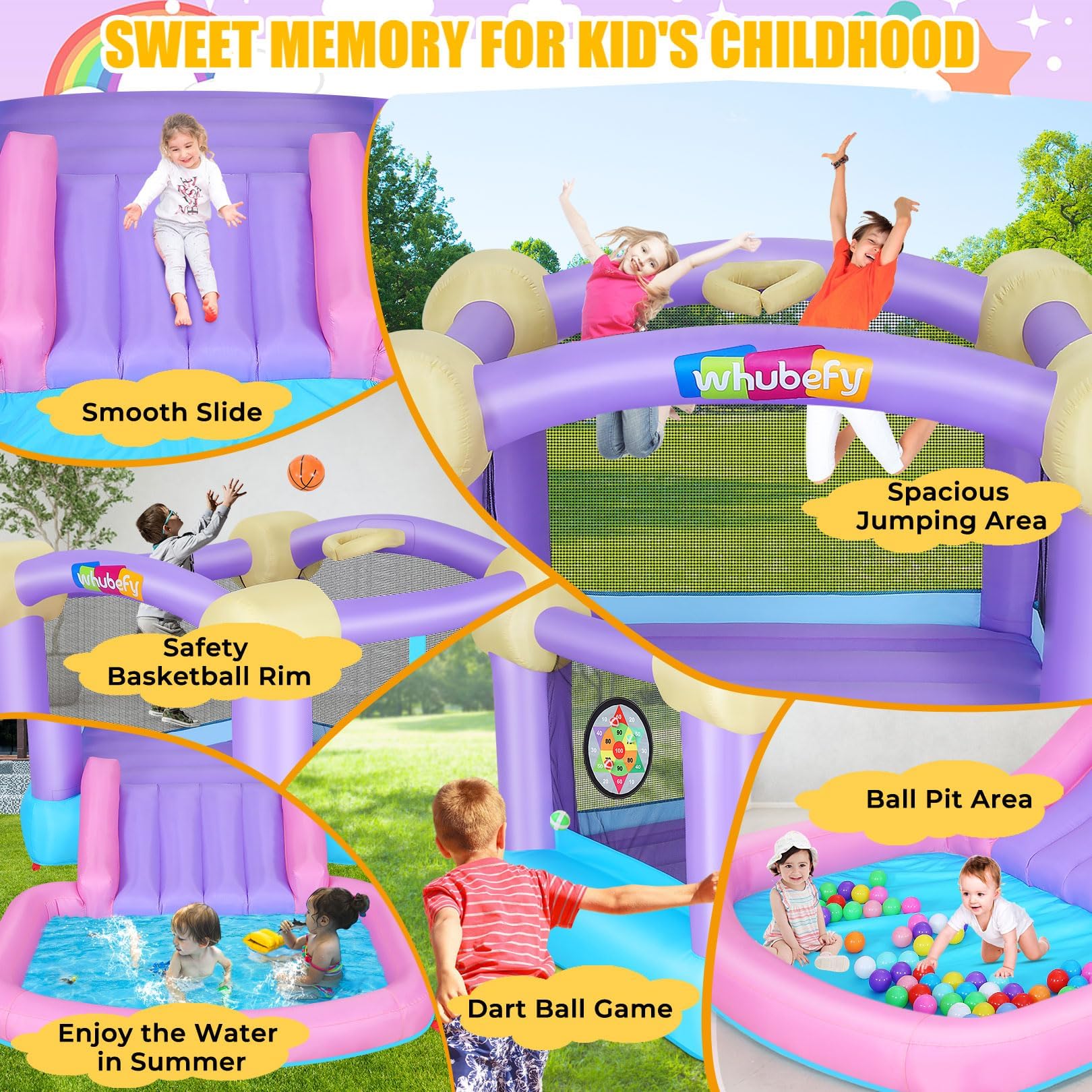 Whubefy Inflatable Pink Bounce House for Kids 2-8 with Ball Pit, 161x82x63 All-in-ONE Jump and Slide Water Park w/50 Ocean Balls, 6 Dart Target Balls