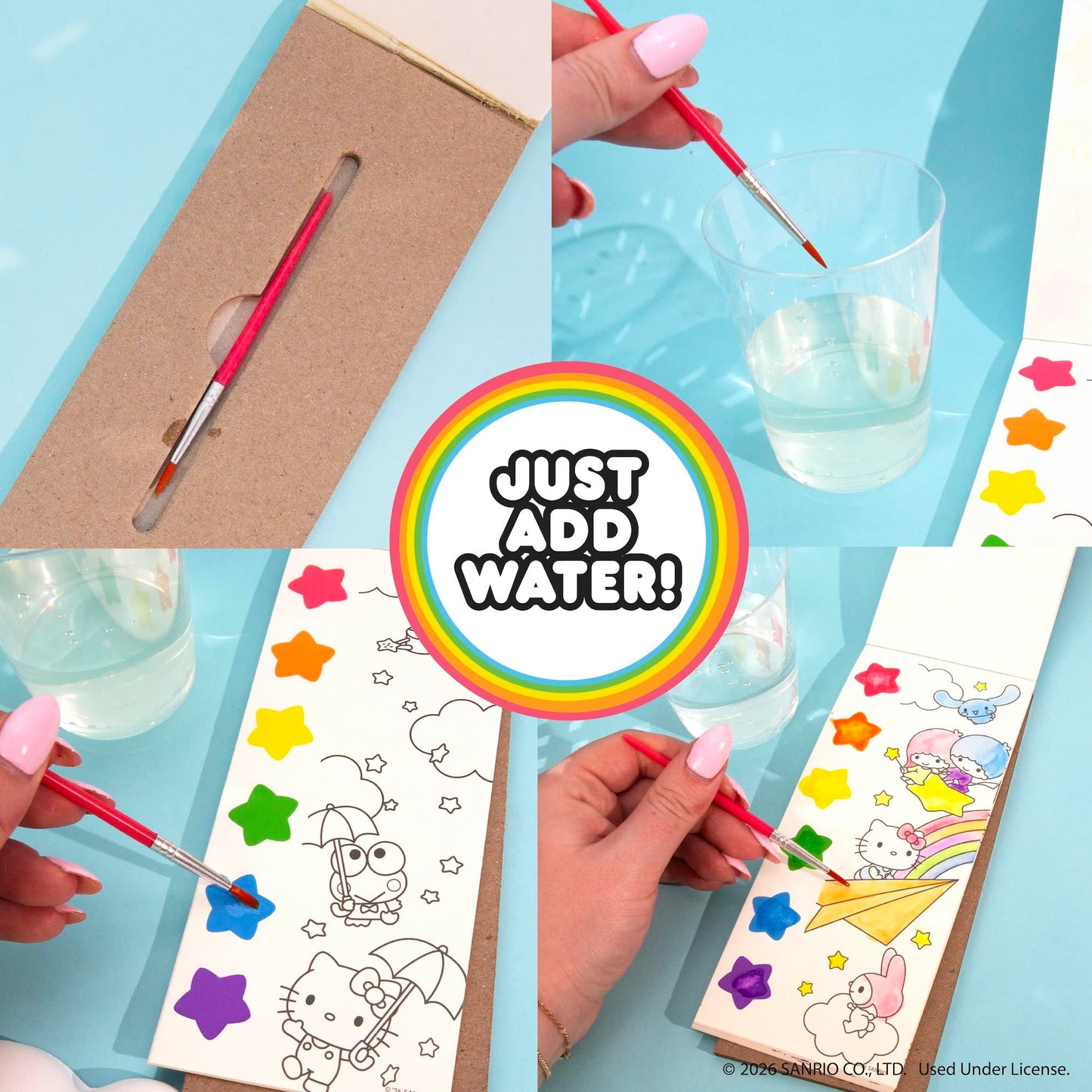 Hello Kitty & Friends Sanrio Watercolor Art Pad with 20 Unique Pages, Mini Paintbrush & 6 Less Mess Watercolor Paint Colors, Great Travel Activities