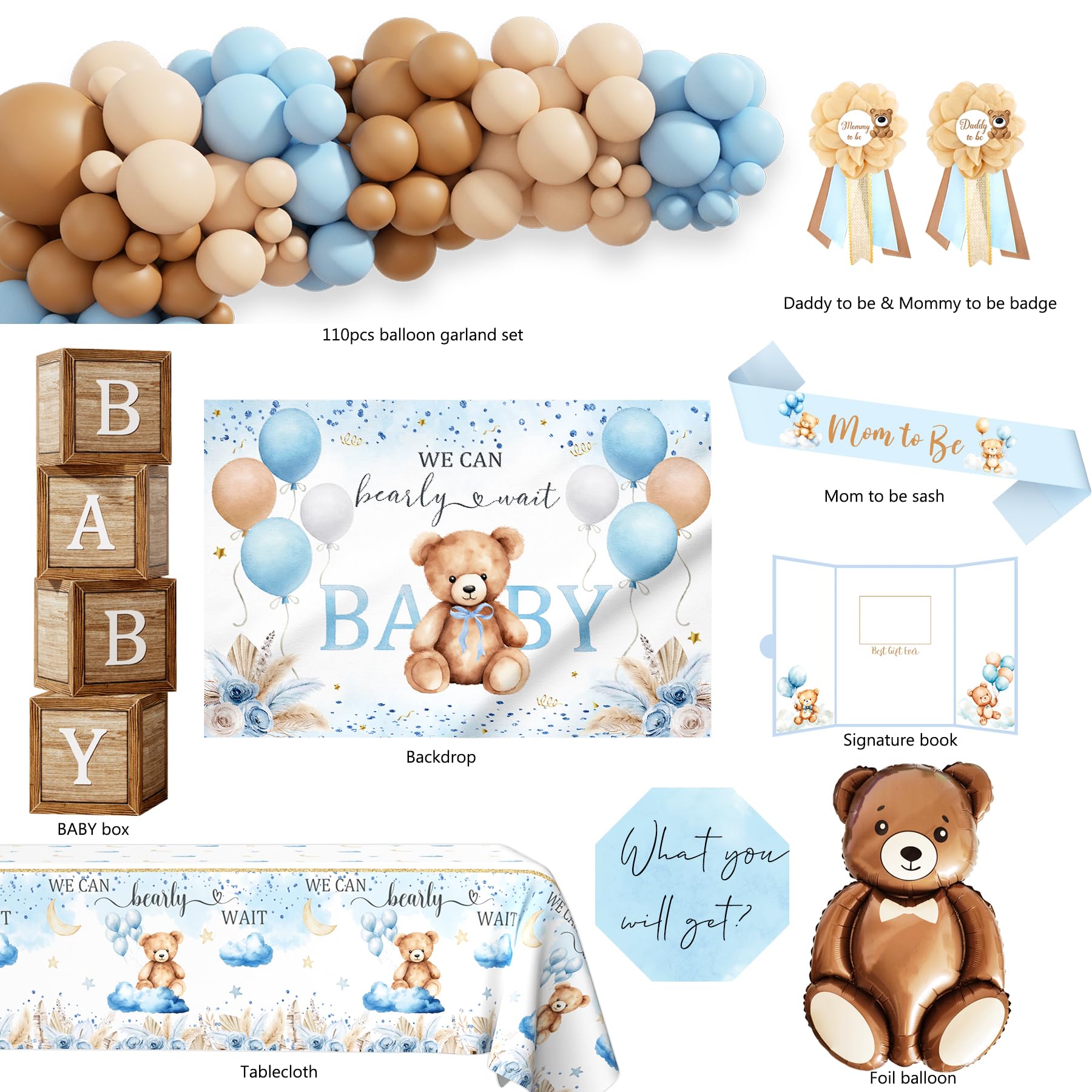 Bear Baby Shower Decorations Party Supplies, We Can Bearly Wait Baby Shower Decoration, Backdrop Balloon Arch Box Mom to Be Sash Dad to Be Pin