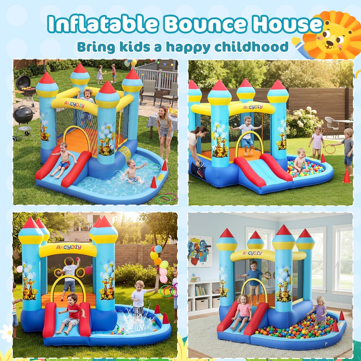 AKEYDIY Bouncy House for Kids, 5-in-1 Inflatable Bouncer with Slide, Ball Pit & Ring Toss, Heavy Duty Oxford Jumping Castle for Backyard Outdoor