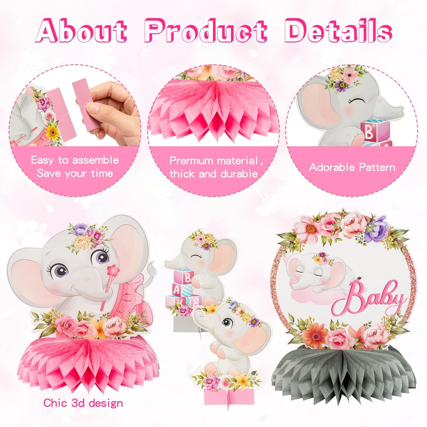 12Pcs Pink Floral Elephant Honeycomb Table Centerpieces It's a Girl Baby Shower Table Toppers Elephant Gender Reveal Party Decor Welcome Baby Girls