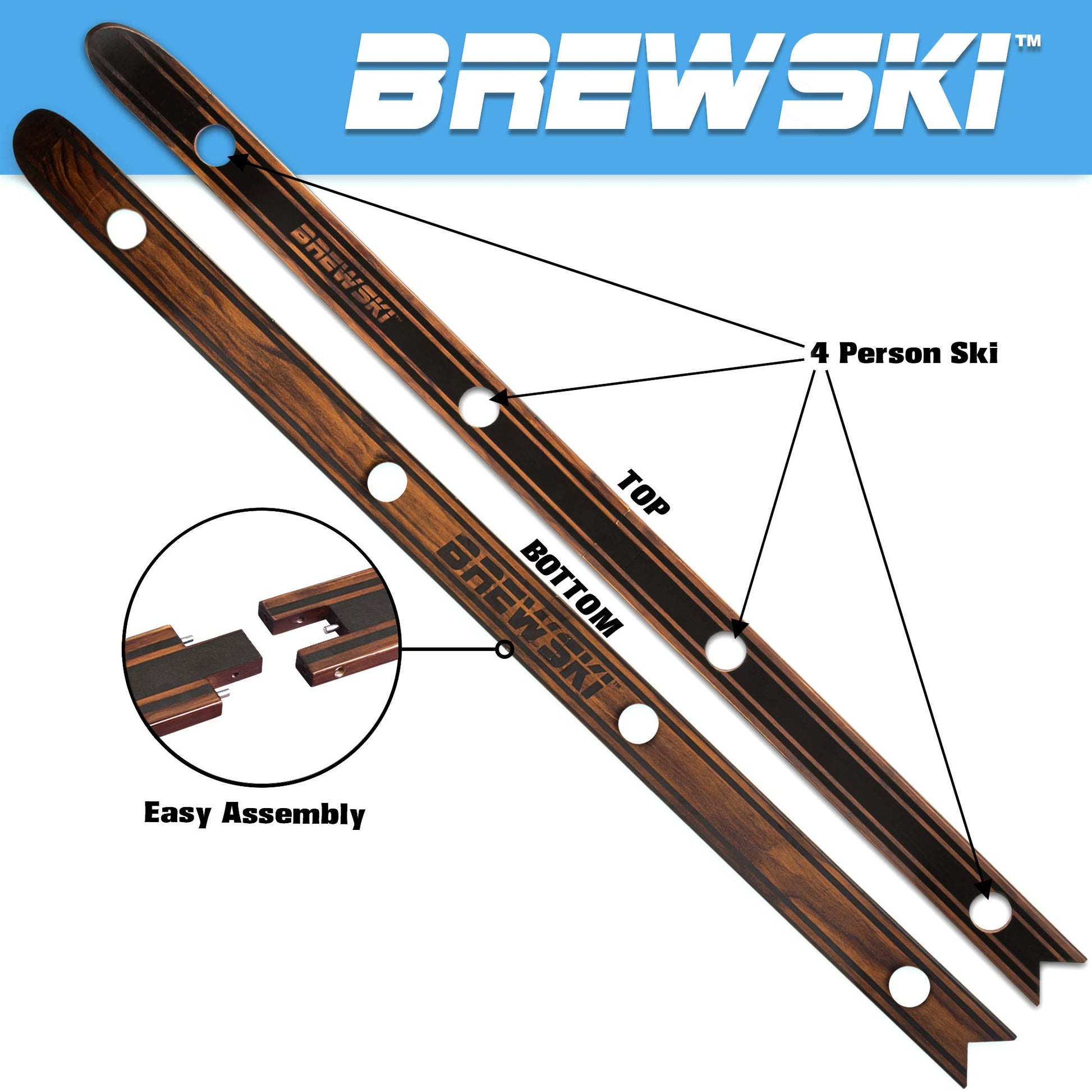 GoPong Brewski - Rustic Stained Design - 4 Person Beer Drinking Shot Ski with 50 Plastic 6 oz Cups