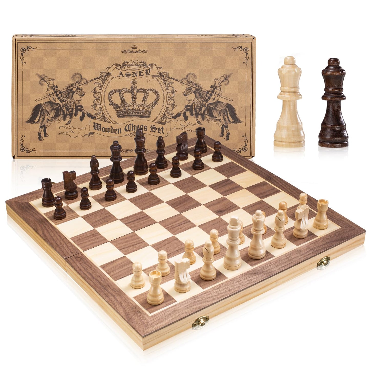ASNEY Upgraded Magnetic Chess Set, 15" Tournament Staunton Wooden Chess Board Game Set with Magnets, Crafted Chesspiece ans Storage Slots for Kids