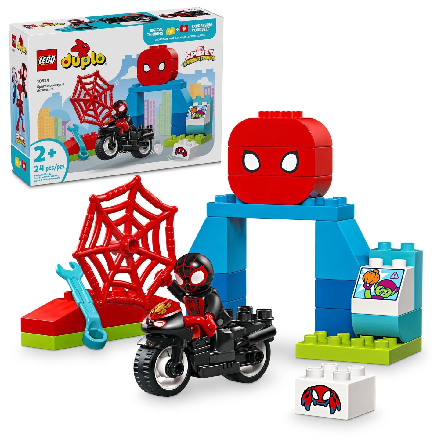 LEGO DUPLO Marvel Spin's Motorcycle Adventure Building Toys Playset - Spidey and His Amazing Friends Toys for Toddlers, Boys & Girls, Ages 2+ Years -