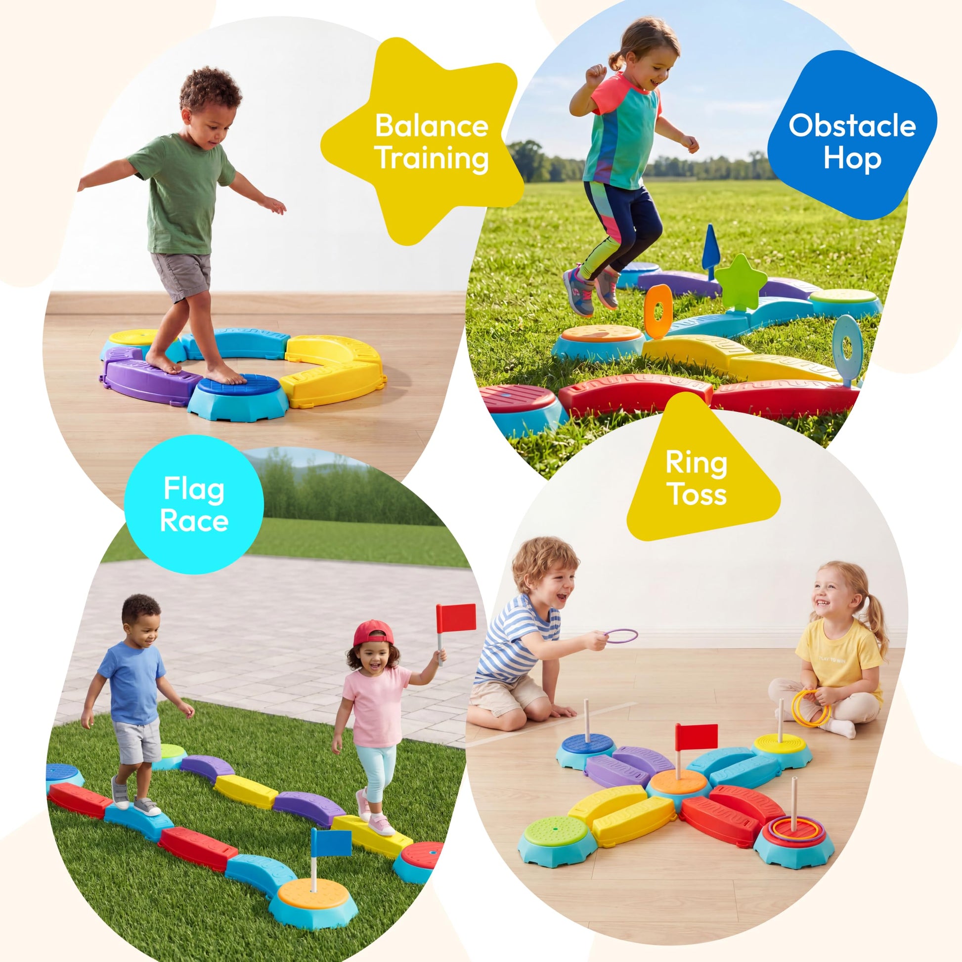 JOVA Plat-Act 4-in-1 Balance Beam & Stepping Stones for Kids Ages 3+, Obstacle Course Toy with Ring Toss & Flag Game, Non-Slip & Easy to Store