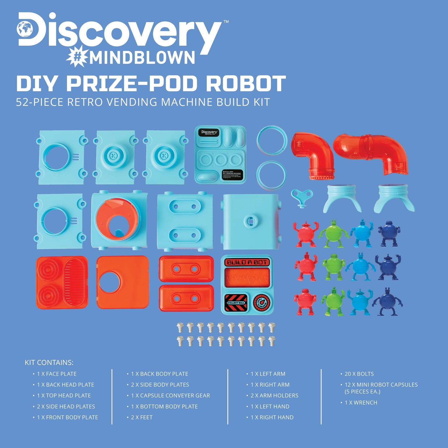 Discovery DIY Prize-Pod Robot Kit, 52-Piece Vending Machine Building Set, 12 Transforming Capsules, Educational Science Experiment, Engineering STEM