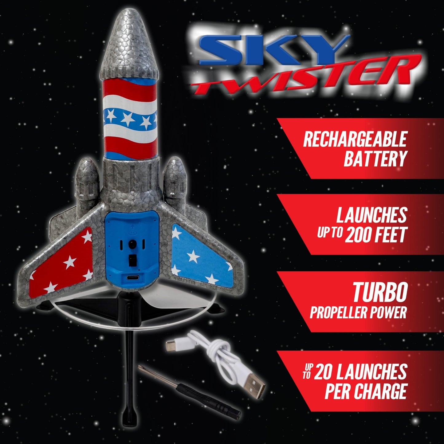 Hyper Drive SkyTwister Rocket - Rechargeable Electric Launch Rocket With Parachute Deploy - Flies Up To 200 Feet - Safe Toy For Kids Ages 8+ - Fully