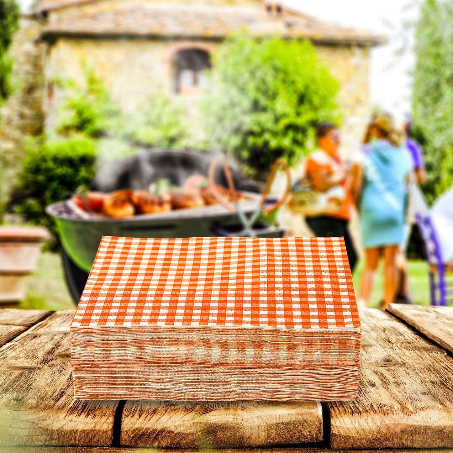 Gatherfun Disposable Paper Napkins 3-ply Orange and White Gingham Beverage Napkins for Dinner, Picnic, Birthday Party?6.5X6.5 in, 50-Pack)