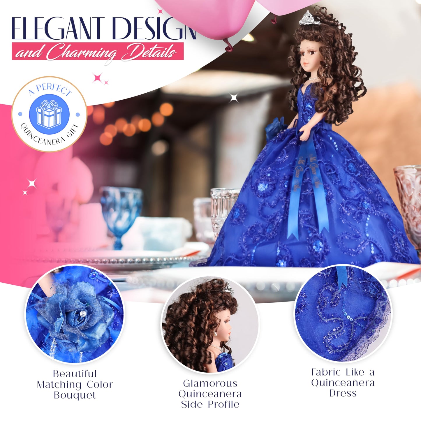 18” Quinceañera Last Doll with Umbrella Dress Stand - Última Muñeca Mis Quince Años Keepsake, Traditional Hispanic Mis 15 Doll, Ceremony & Table