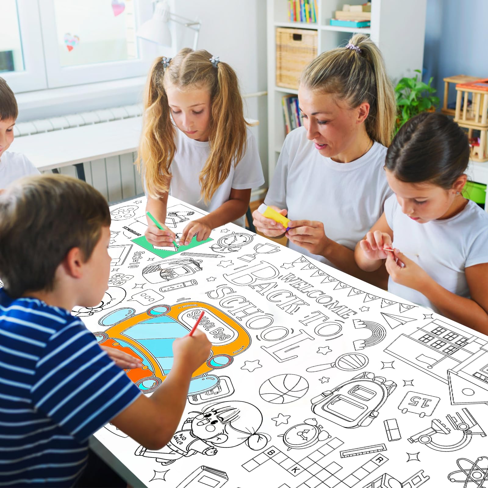 Leezead Back to School Giant Coloring Poster, Large Welcome Back Coloring Tablecloth/Table Cover Back to School Color-in Activity Poster for First Day