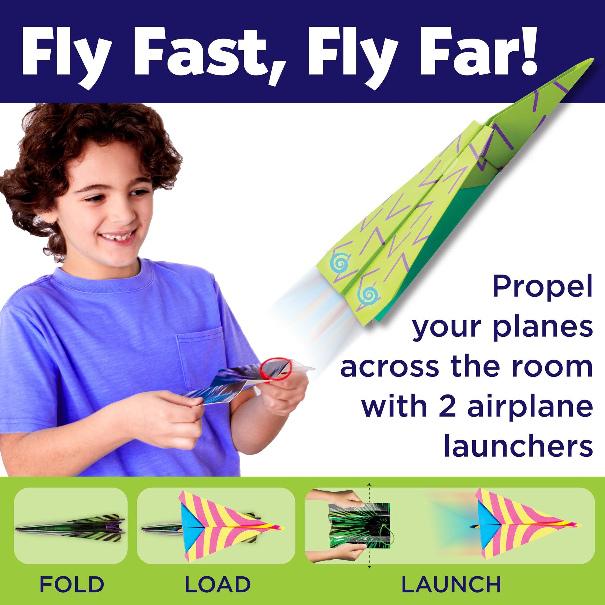 Creativity for Kids Paper Airplane Kit - Stunt Squadron Neon Glow, Makes 70 Paper Airplanes and 2 Plane Launchers, STEM Birthday or Summer Activities