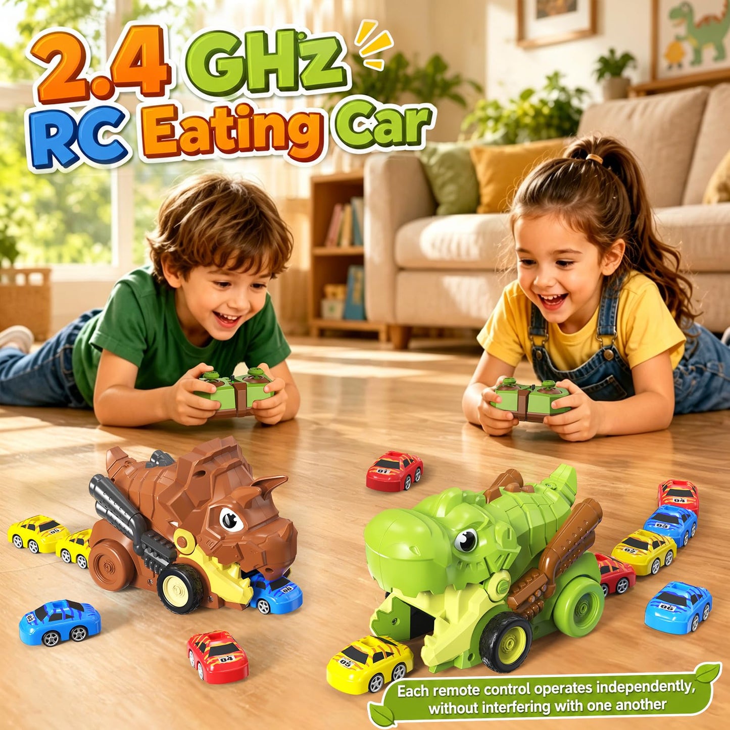 Motivekit RC Dinosaur Truck for Kids Ages 3+, Remote Control Car Carrier with 12 Magnetic Mini Cars, 2.4 GHz RC Toy Car with Music, Indoor Dinosaur