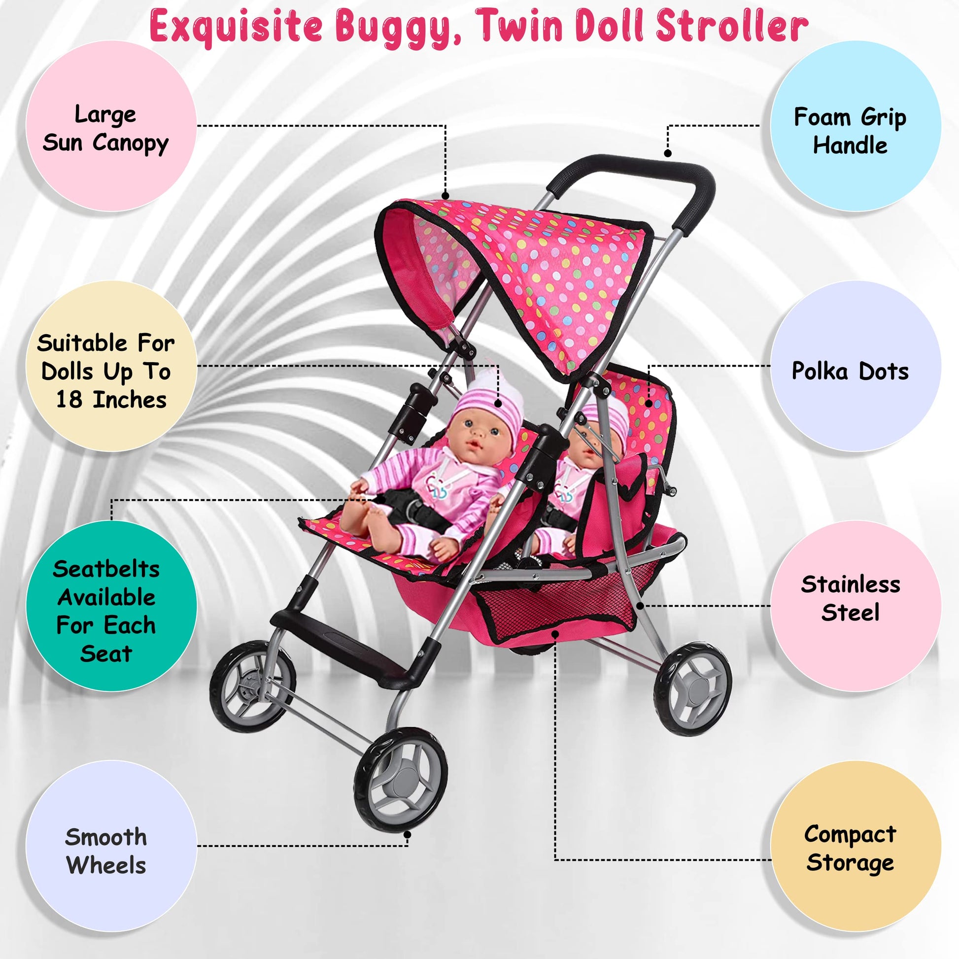 Twin Doll Stroller - Pretend Play Stroller for Dolls - Toy Stroller with Storage Basket for Baby Doll Accessories Set