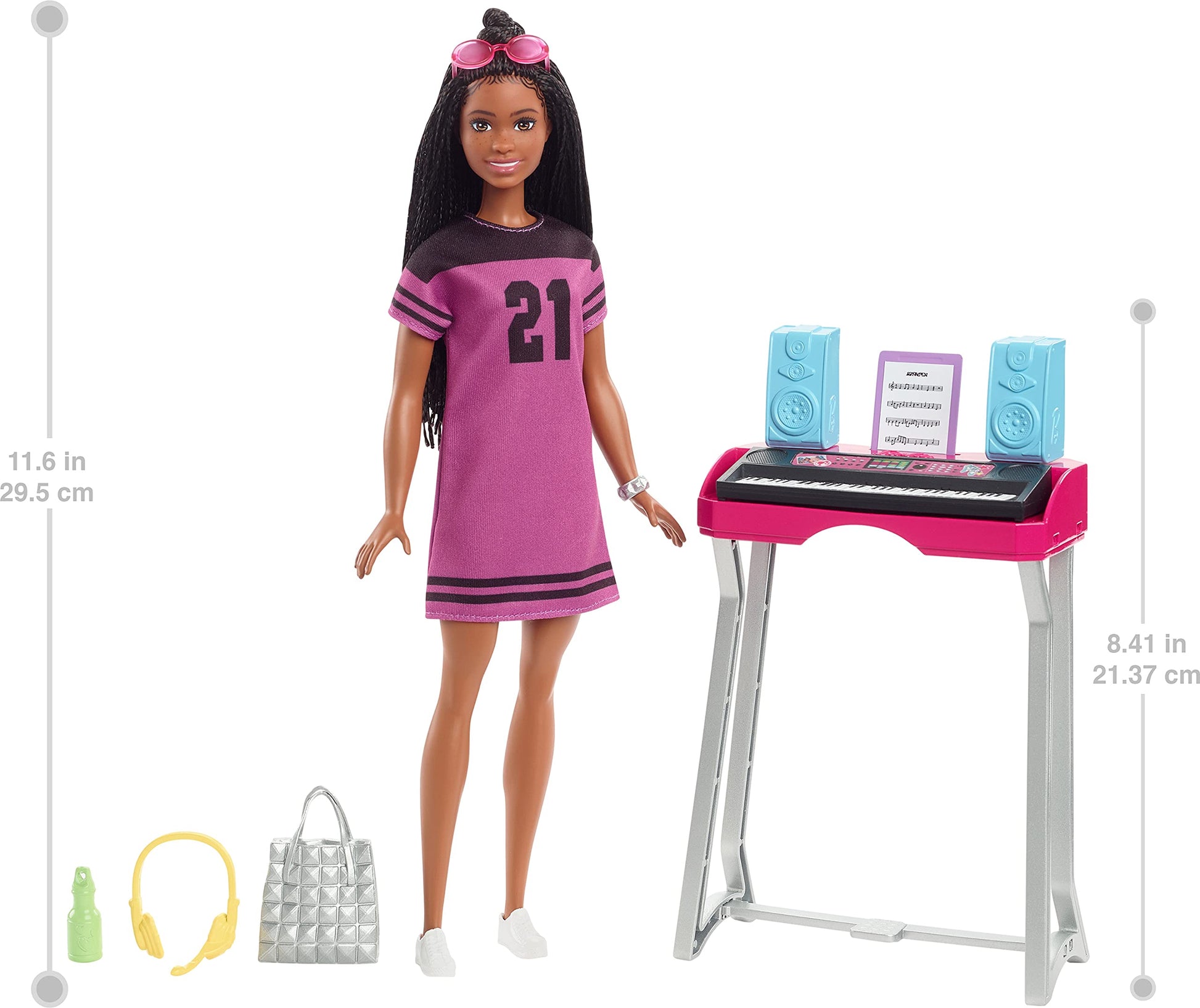 Barbie: Big City, Big Dreams Brooklyn” Roberts Doll (11.5-in, Brunette with Braids) & Music Studio Playset with Keyboard & Accessories, Gift for 3