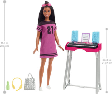 Barbie: Big City, Big Dreams Brooklyn” Roberts Doll (11.5-in, Brunette with Braids) & Music Studio Playset with Keyboard & Accessories, Gift for 3