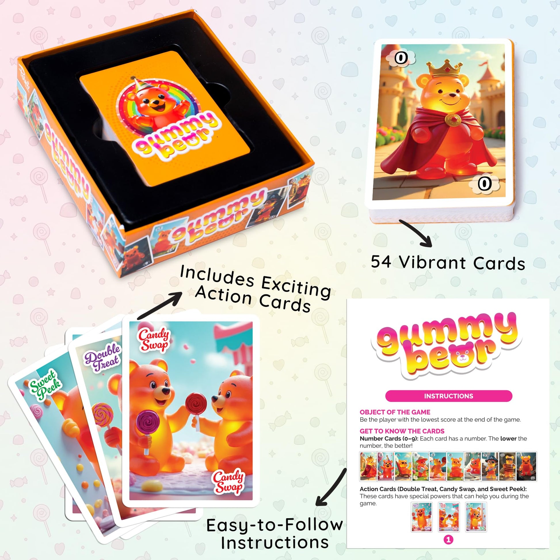 Point Games Gummy Bear Card Game Fun Math & Memory Strategy Game for Kids & Families - Includes 54 Cards & Action Cards - Ages 6+ - 2 to 6 Players