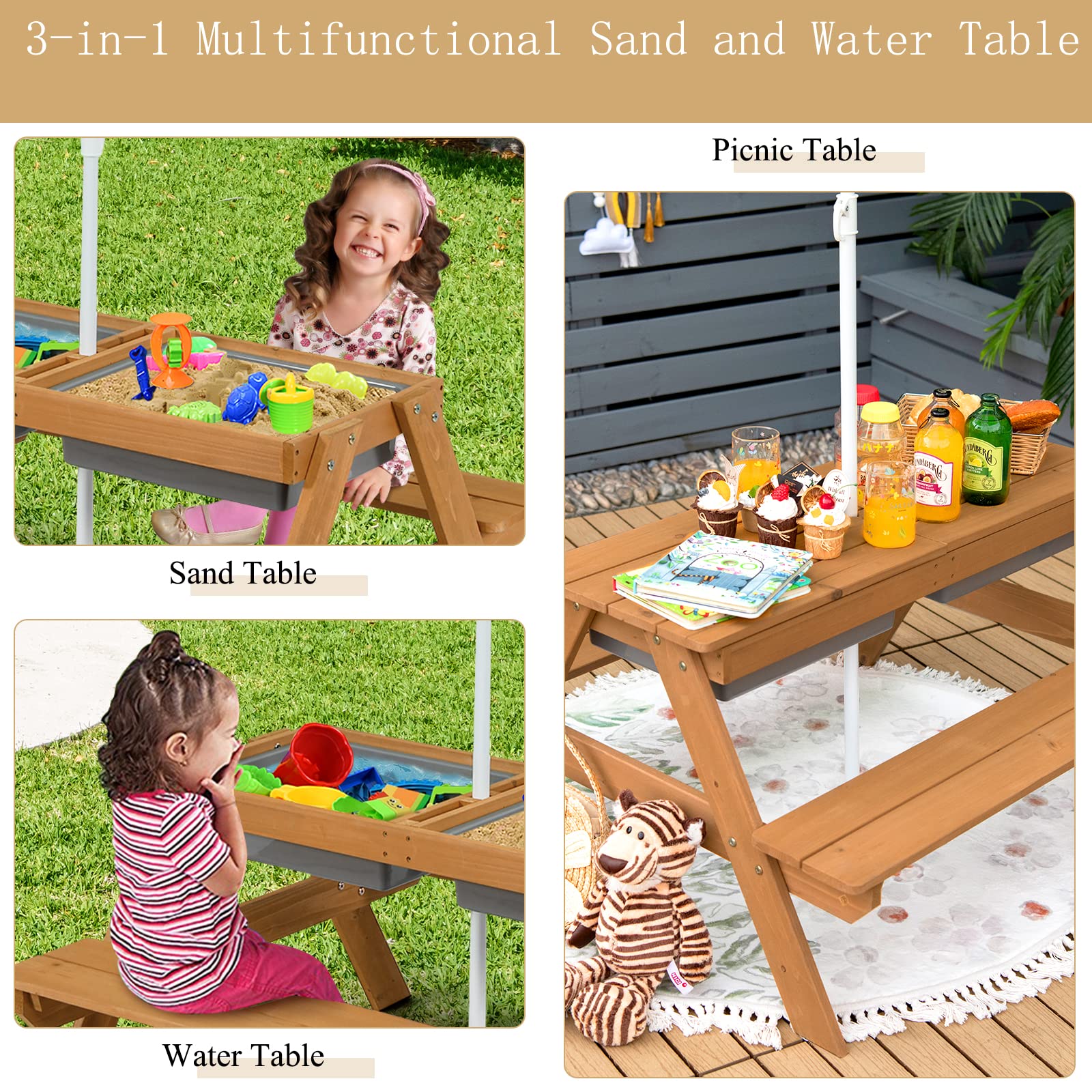 ARLIME Sand and Water Table - 3-in-1 Kids Picnic Table with Height Adjustable Umbrella, Removable Table Top & 2 Detachable Game Boxes, Water Play