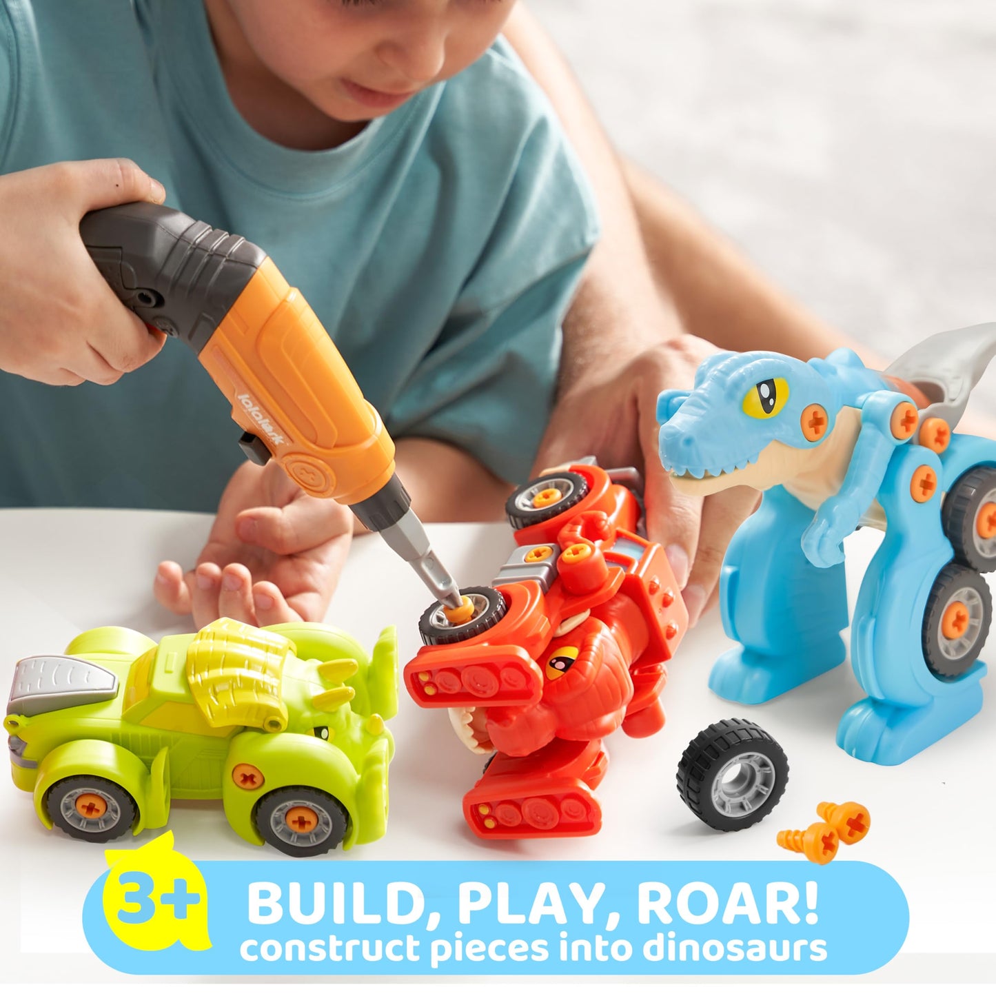lalalark Dinosaur Cars, Dinosaur Toys for Kids 3-5, Take Apart Construction Building Toy with Electric Drill, STEM Educational Transform Car Playsets