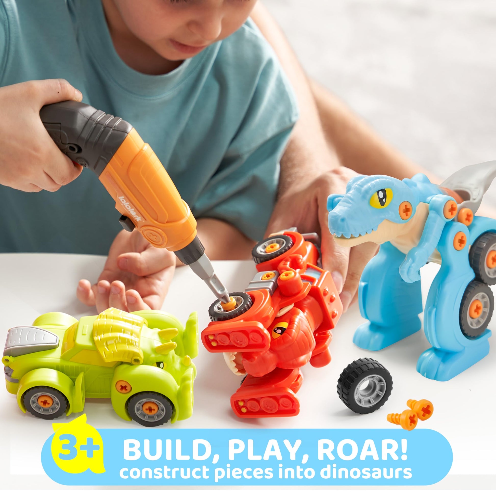 lalalark Dinosaur Cars, Dinosaur Toys for Kids 3-5, Take Apart Construction Building Toy with Electric Drill, STEM Educational Transform Car Playsets