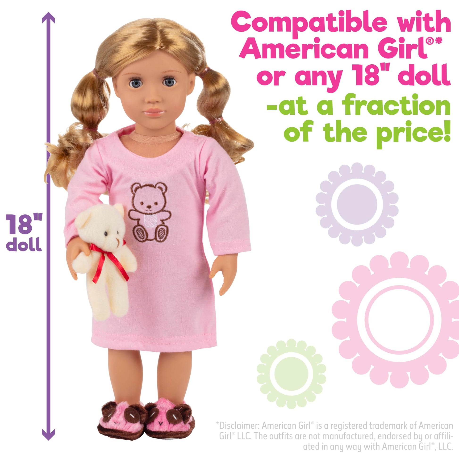 4pc Pink Nightgown Doll Outfit w Teddy Bear- 18" Doll Clothes & Accessories Compatible w American Girl Dolls- PJ Set Includes Nightgown, Slippers &