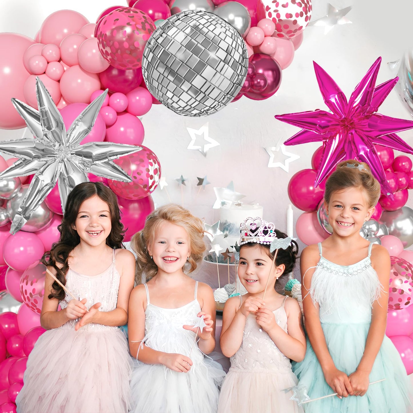 143Pcs Princess Pink and Silver Valentines Balloon Garland Arch Kit, Hot Pink Confetti 4D Star Disco Ball Crown Balloons for Girls Women Bridal Baby