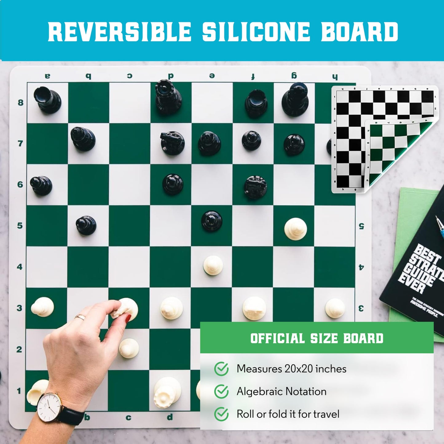 Best Chess Set Ever 3X Tournament Modern Chess Set with Weighted Staunton Pieces, 20x20 Double-Sided Silicone Board, Strategy Guide and Storage Bags
