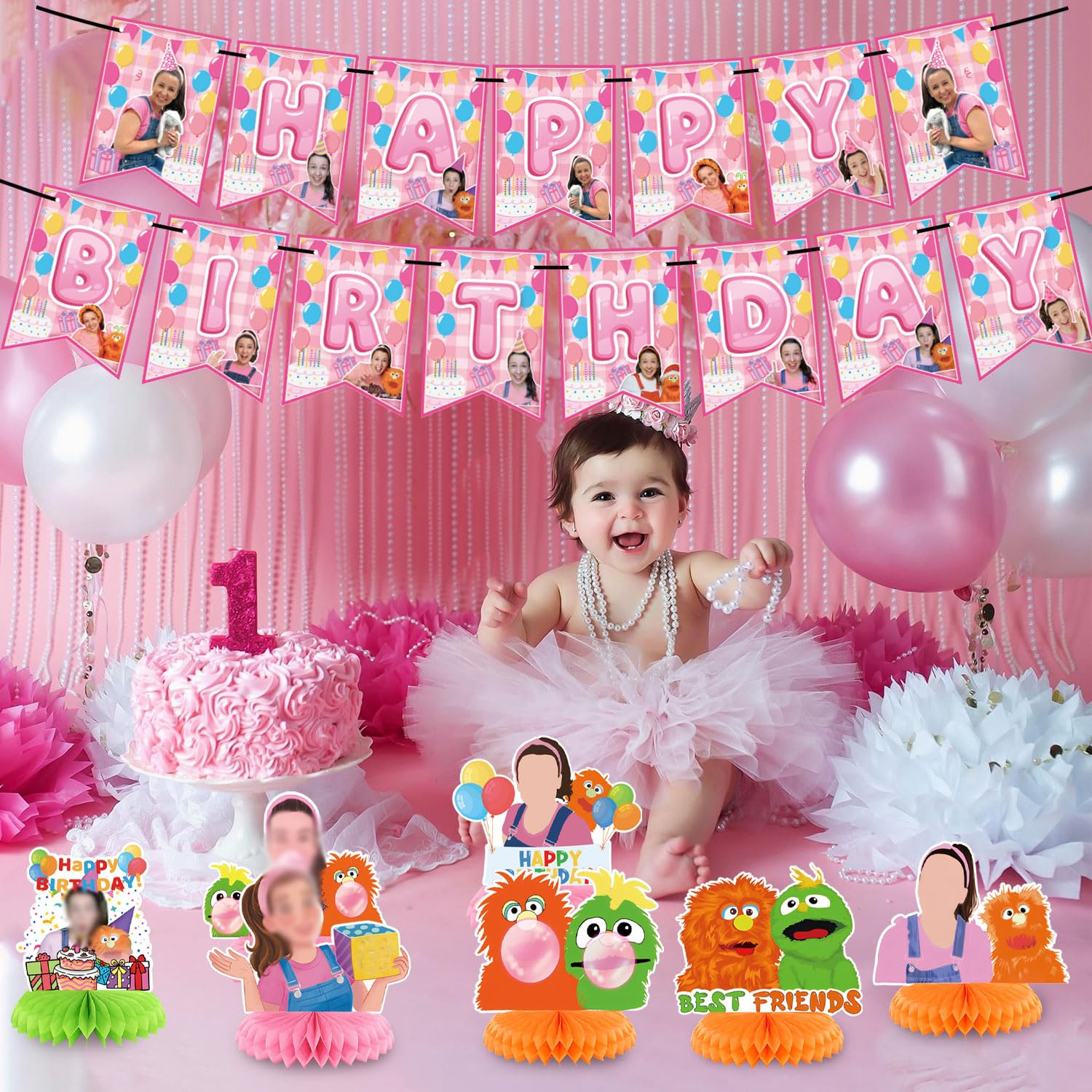 Rachel Girls Party Decorations Honeycomb Centerpiece, 7 Pieces English Teacher Theme 3D Double Side Cake Toppers Table Centerpieces, Photo Backdrop