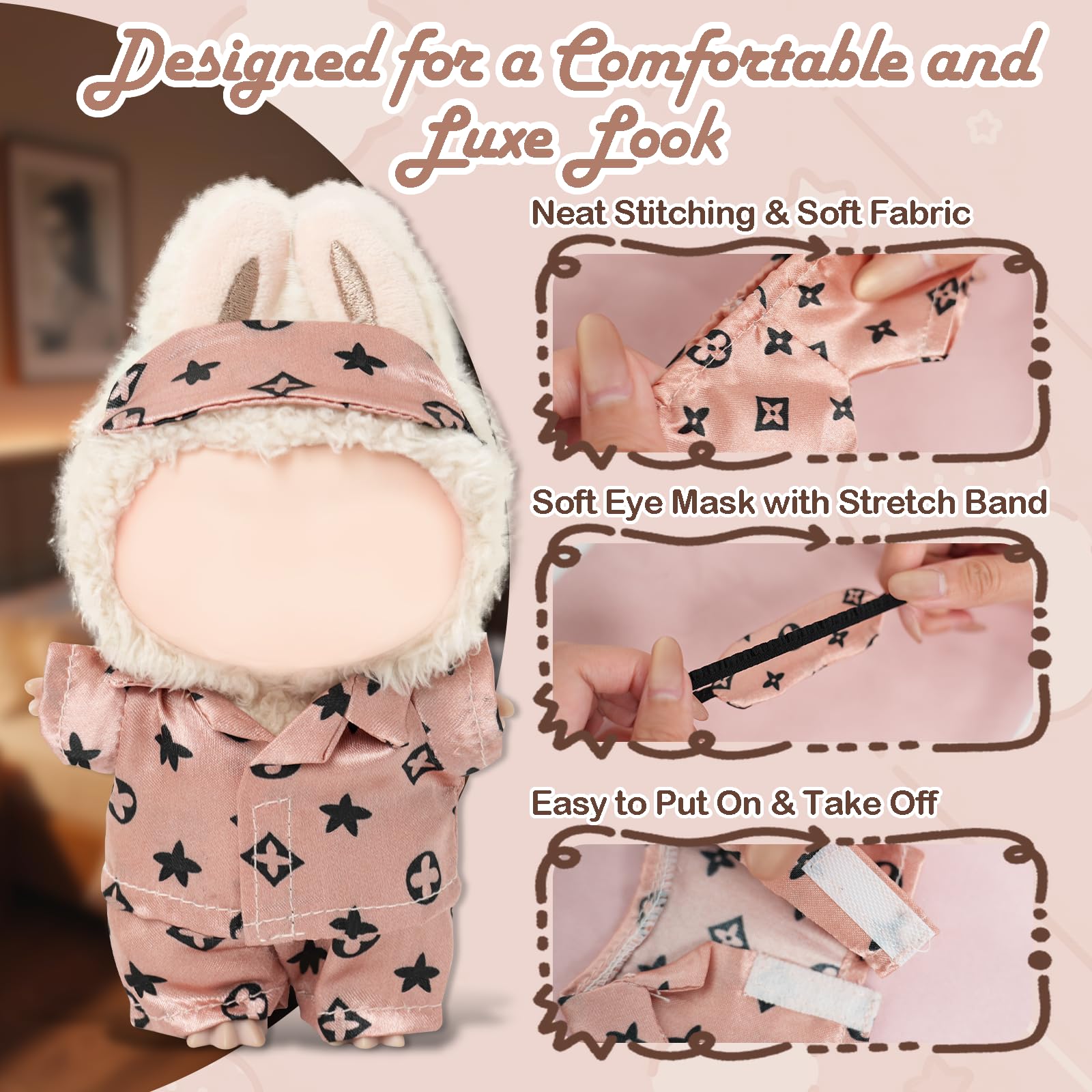 Clothes Compatible with LABUBU Doll - 3PCS Classic Set, 17cm Doll Clothes Designer Outfit for Cozy Night Theme, Stylish Luxury Pajama Accessories