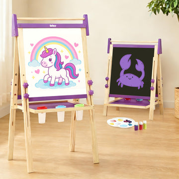 Belleur Wooden Art Easel for Kids 2+, Adjustable Double Sided Easel for Toddlers with Dry-Erase Board & Magnetic Whiteboard & Paper Roll Rod, 28"-40"