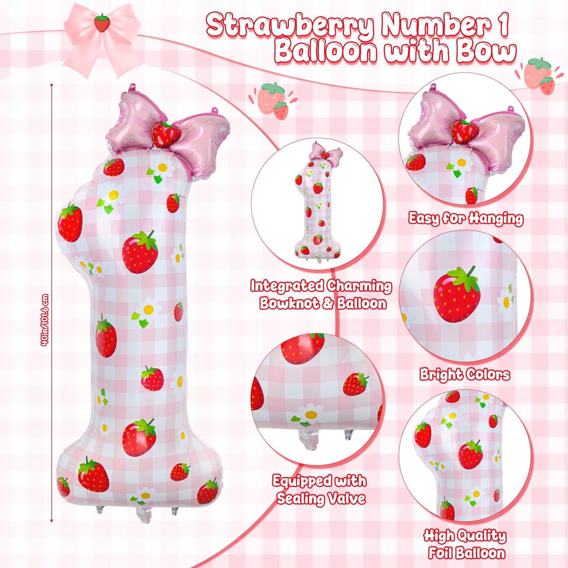 40 Inch Strawberry Number 1 Balloons,Pink Berry First Birthday Balloon with Bow,Large Sweet One Foil Balloon for Girl 1st Birthday