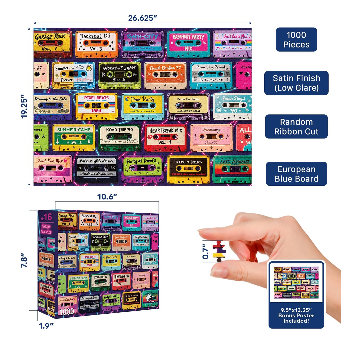 Mixtape Memories (No. 16) - 1000 Piece Retro Jigsaw Puzzle for Adults | Printed in USA | Satin Low-Glare Finish | Random Ribbon Cut | Bonus Poster |