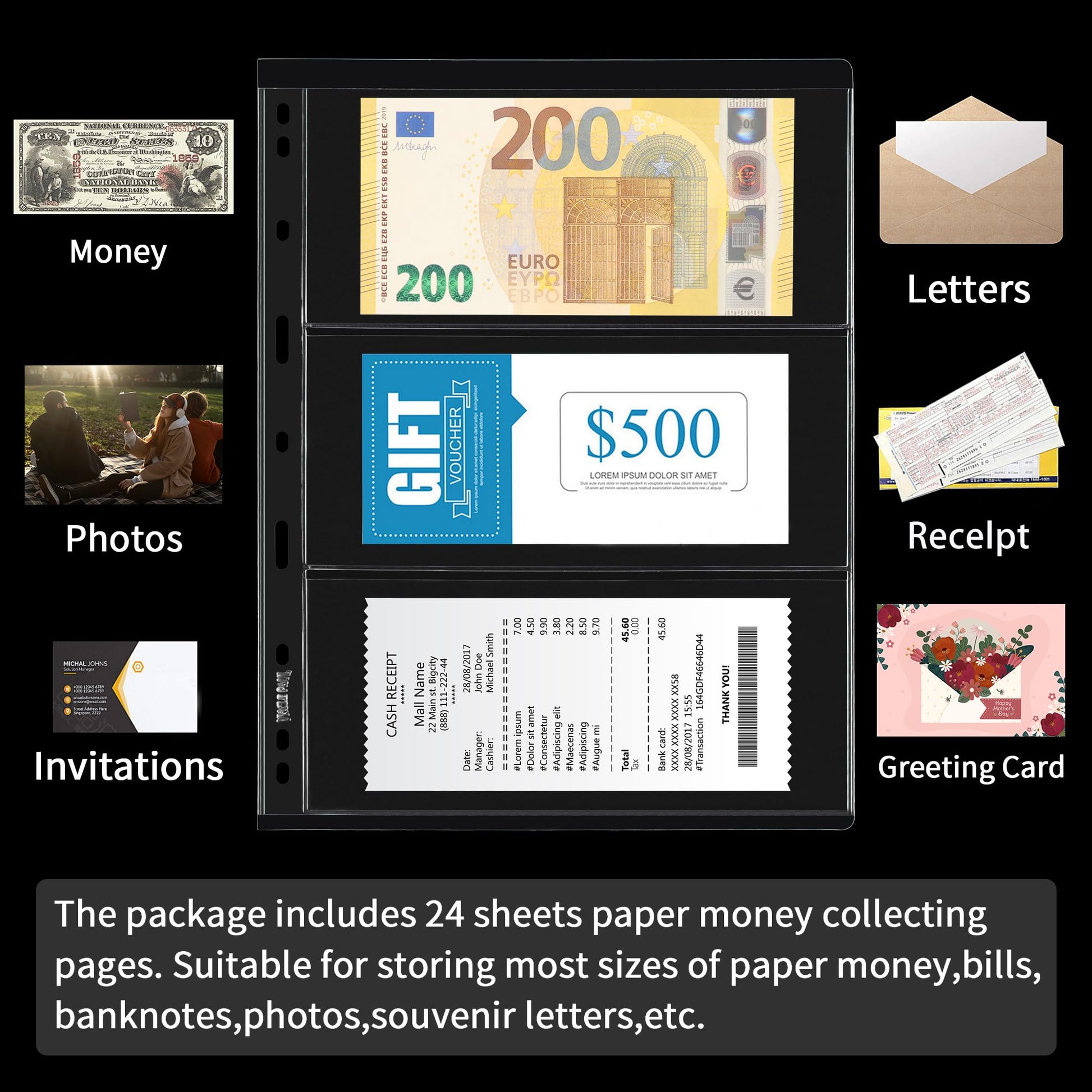 24 Sheets Currency Sleeves for Collectors Acid-Free PVC Paper Money Currency Pocket Pages Coin Collection Supplies - 72 Pockets 9-Hole Stamp Page