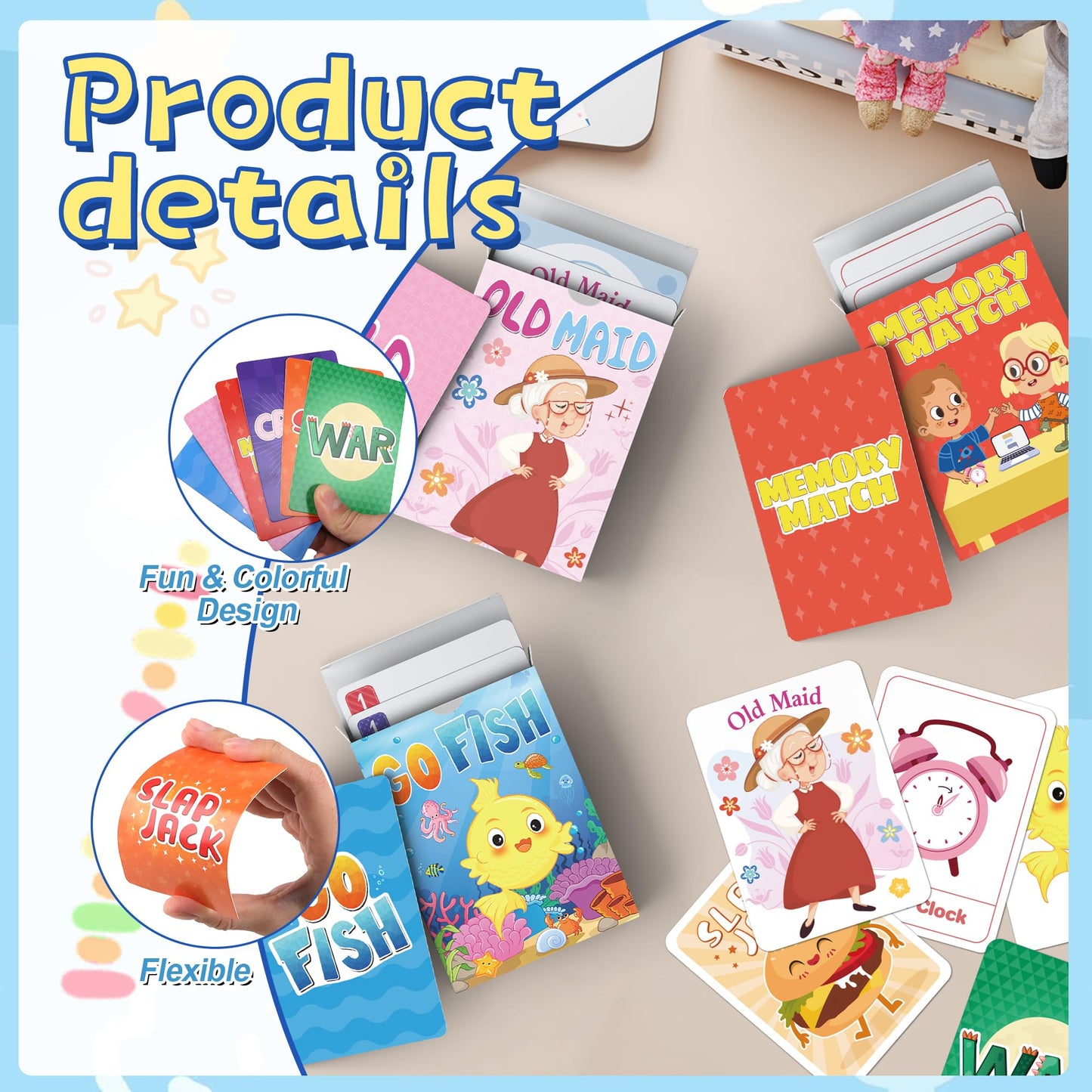 Kids Card Games, Go Fish,Old Maid,Crazy 8s,Memory Match,Slap Jack,War, Cards Game for Kids 4-8, Fun Game for Family Game Night Party Table Games