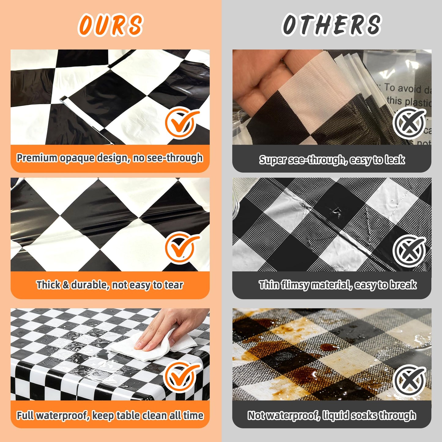 PPXMEEUDC 3 Pack Black White Checkered Tablecloth, 54 x 108 Inch Waterproof Disposable Plastic Rectangular Table Covers for Race Car, Poker, Chess