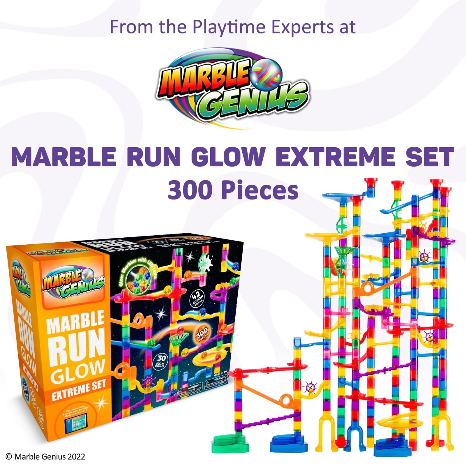 Marble Genius Marble Run Race Track - 300-Piece Multicolor Glow Extreme Set - STEM Building Toy & Marble Race Set for Kids Ages 4+