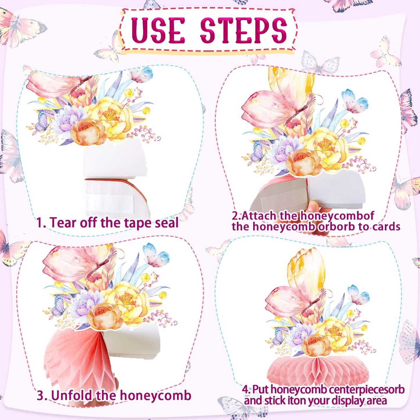 10pcs Butterfly Party Decorations - Spring Pink Purple Butterfly Flowers Centerpieces 3D Table Honeycomb Toppers for Girls Baby Shower Party Photo