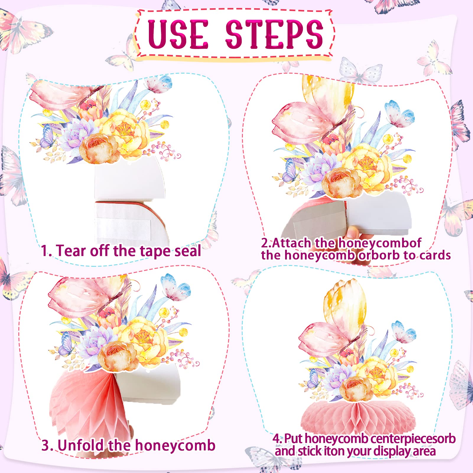 10pcs Butterfly Party Decorations - Spring Pink Purple Butterfly Flowers Centerpieces 3D Table Honeycomb Toppers for Girls Baby Shower Party Photo