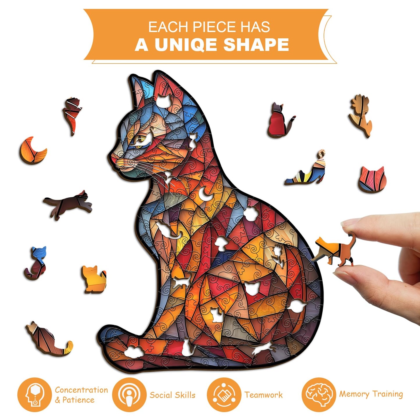 Wooden Stained Glass Puzzles for Adults, Mosaic Cat Jigsaw Puzzle 150 Pieces Art, Colorful Kitten Wood Kitty Puzzle,Unique Animal Shape