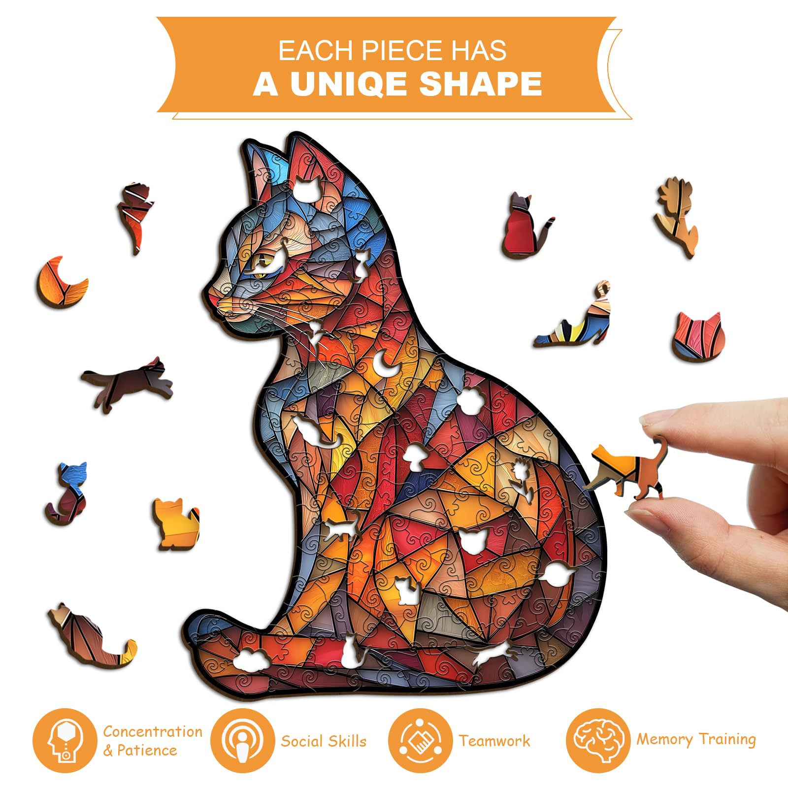 Wooden Stained Glass Puzzles for Adults, Mosaic Cat Jigsaw Puzzle 150 Pieces Art, Colorful Kitten Wood Kitty Puzzle,Unique Animal Shape